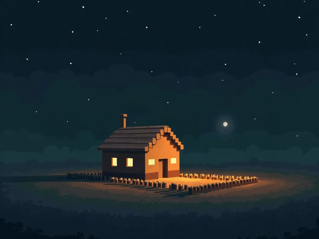 Illustration of a small blocky house at night, ringed by a fence with crop rows outside the door