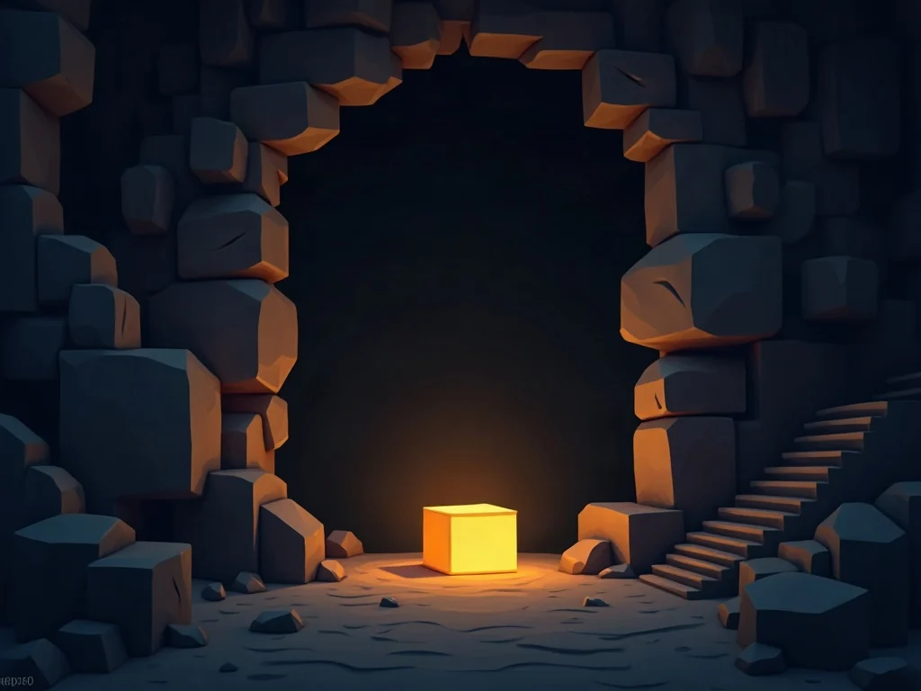 Illustration of a glowing block resting alone on a dark cave floor