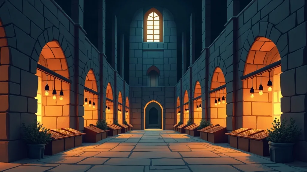 Illustration of the Grand Exchange trading hall at night, lantern lit, with market stalls down both sides