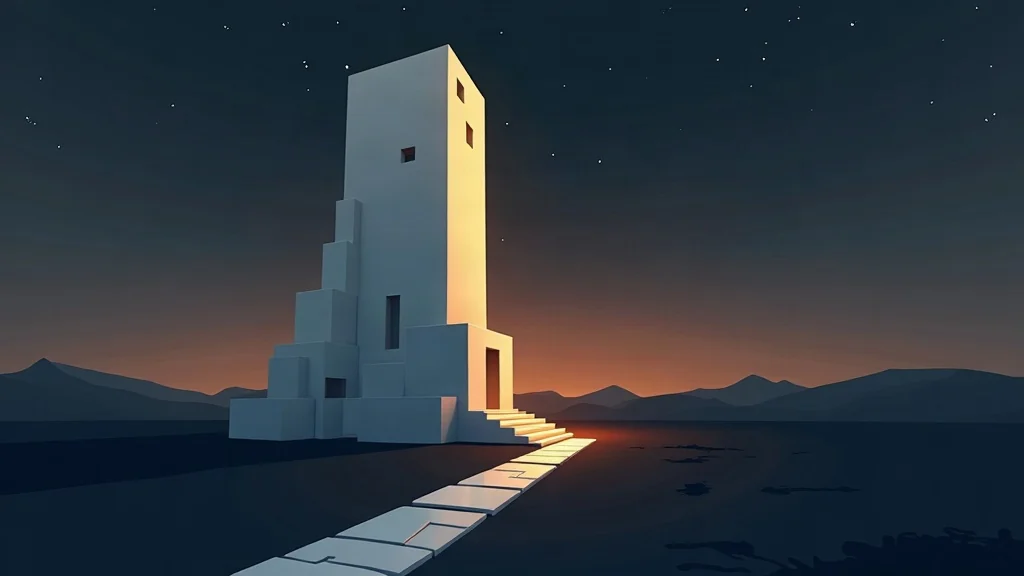 Illustration of the spawn tower at night, lit from inside, with a block path running from its door